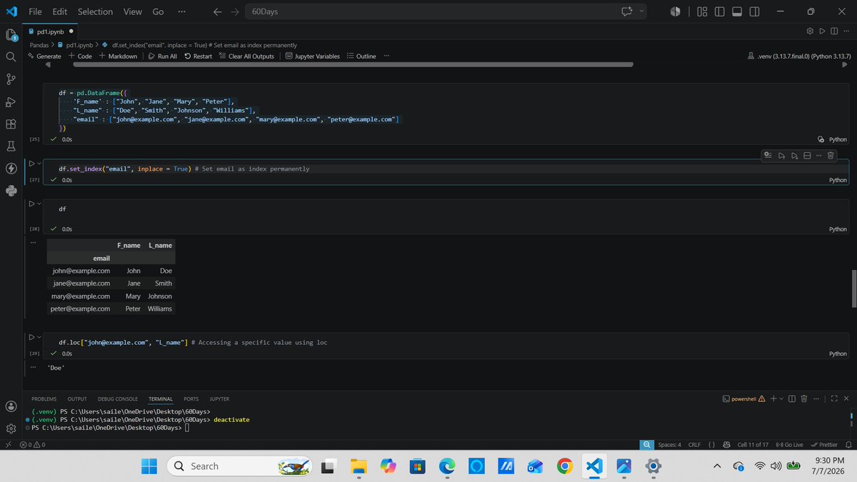 saileshgrg19's tweet photo. #LSPPDay37
learned how to select data in Pandas using loc and iloc, retrieve rows and columns efficiently, and set a DataFrame column as the index for easier data access and management
@lftechnology 
#LearningWithLeapfrog
#60DaysOfLearning2026
Github:https://t.co/2HSzpINMvs https://t.co/b7W1pK5Ec8