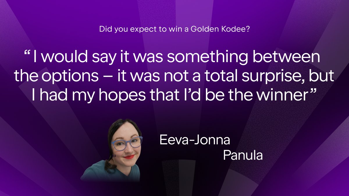 kotlinconf's tweet photo. Winning a Golden Kodee was somewhere between a surprise and an expectation for Eeva Jonna Panula. 

Read her story and meet more of this year's Golden Kodee winners in our latest blog post. 👇 

https://t.co/2RMOqxAYHj https://t.co/2FuYhWgQz2