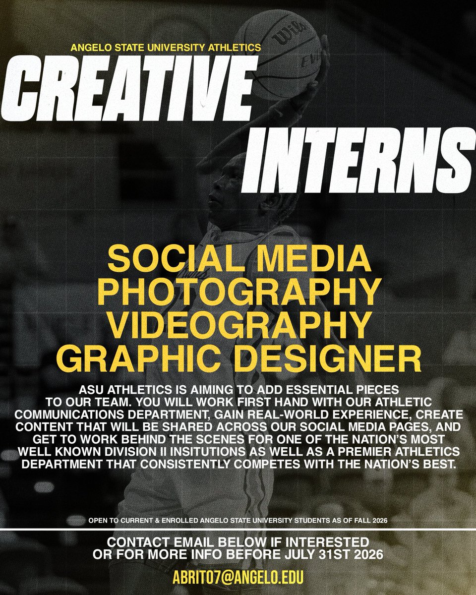 angeloathletics's tweet photo. 🚨WE ARE HIRING🚨

Angelo State Athletics is looking for the next creative minds to join our team for Fall 2026! 📸🎥✨

📬 How to apply:
Email abrito7@angelo.edu for more info or to express interest.

⏳Deadline: July 31, 2026  | Scholarship opportunities available 

#RamEm https://t.co/iojMWESl3s