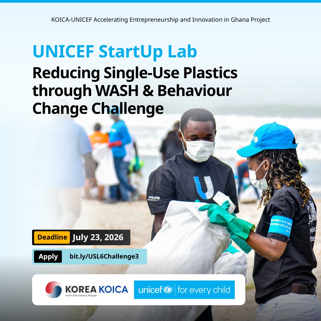 UNICEFStartups's tweet photo. Can your solution help reduce single-use plastic waste in Ghana's WASH sector? 

Apply for the UNICEF StartUp Lab Reducing Single-Use Plastics through WASH and Social &amp; Behaviour Change (SBC) Innovation Challenge.

Deadline: July 23, 2026

Apply now: https://t.co/L9PDNcSsZ3 https://t.co/qeatQWwasW