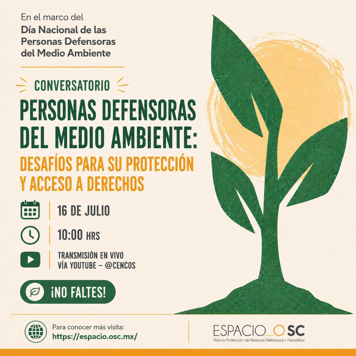 EspacioOsc's tweet photo. 📢 #EnAgenda

En el marco del Día Nacional de las Personas Defensoras del Medio Ambiente, te invitamos al conversatorio:

🌿 Personas defensoras del medio ambiente: desafíos para su protección y acceso a derechos en 🇲🇽

📅 16 de julio | 🕙 10:00 h
▶️ YTB: @cencos

¡Acompáñanos! https://t.co/WMb7hvajl4