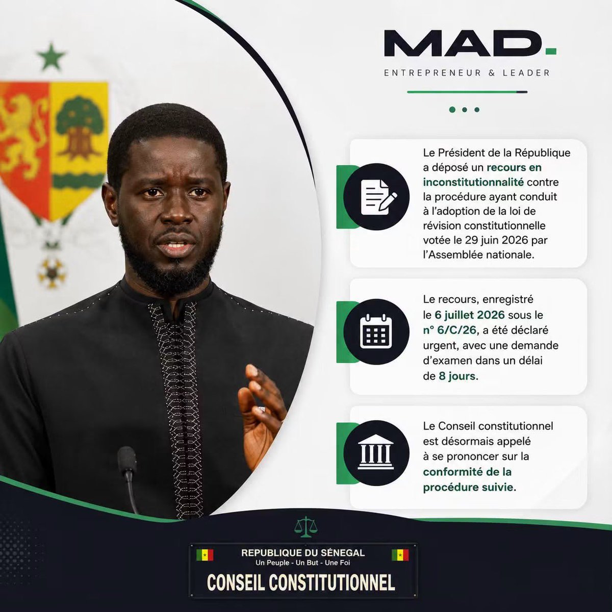 Noo_IDcard's tweet photo. 🚨 Révision constitutionnelle : le Président saisit le Conseil constitutionnel

Le Président de la République a officiellement déposé un recours en inconstitutionnalité contre la procédure ayant conduit à l’adoption de la loi de révision constitutionnelle votée le 29 juin 2026 par l’Assemblée nationale.

Le recours, enregistré le 6 juillet 2026 sous le n° 6/C/26, a été déclaré urgent, avec une demande d’examen dans un délai de 8 jours.

📌 Le Conseil constitutionnel est désormais appelé à se prononcer sur la conformité de la procédure suivie.
