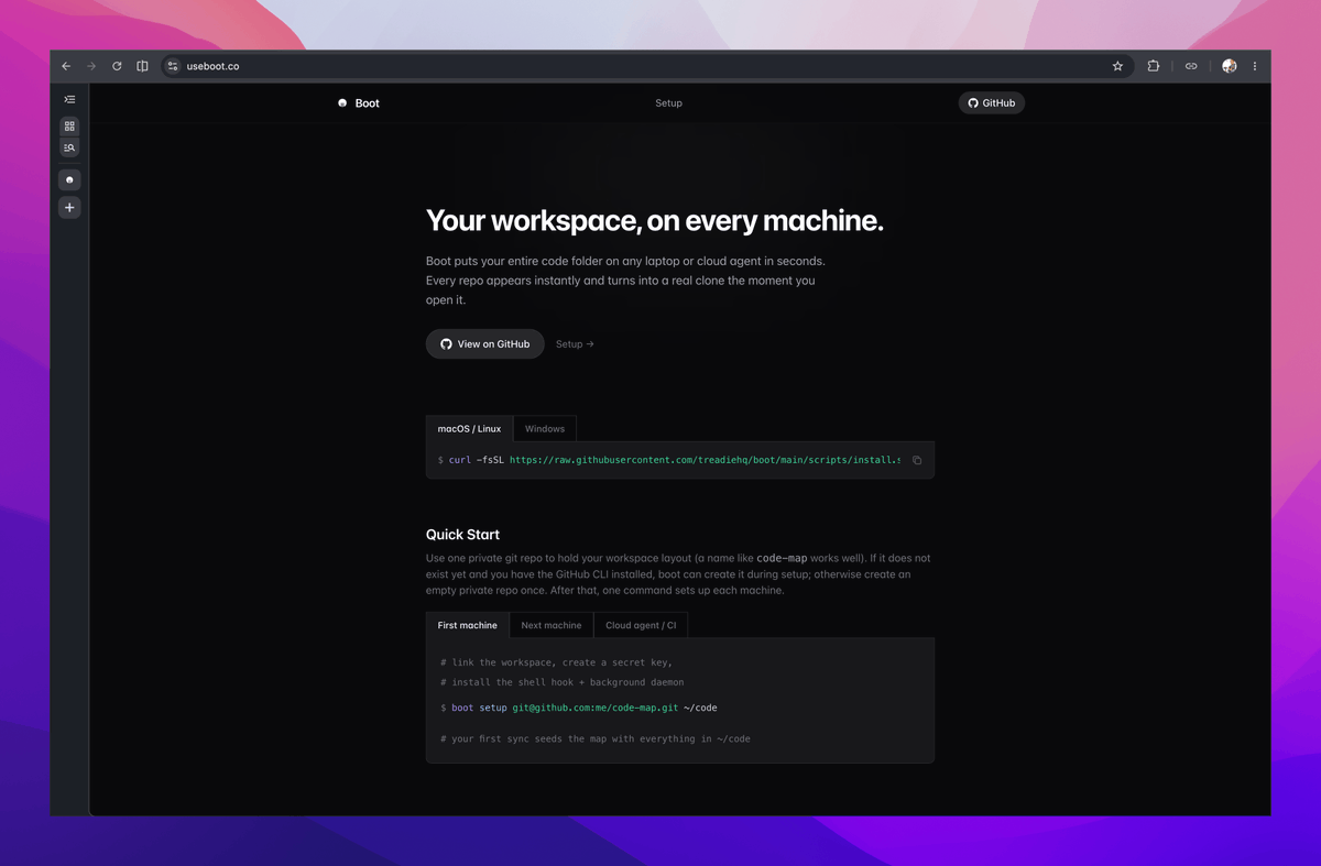 dantelex's tweet photo. Excited to launch `boot`

`boot` puts the same code workspace on every laptop and cloud agent.

Same repo layout. Tiny placeholders first. Real clones only when you open them.

So it's your code workspace, everywhere. Literally https://t.co/GpPgppdoTr