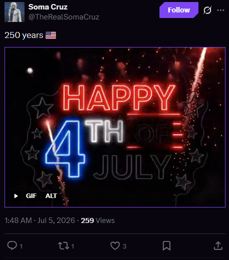 AnythingVania's tweet photo. @TheRealSomaCruz And Soma Cruz isn't American so he wouldn't care about the 4th of July and yet here you are https://t.co/ZcF8NKoyFt