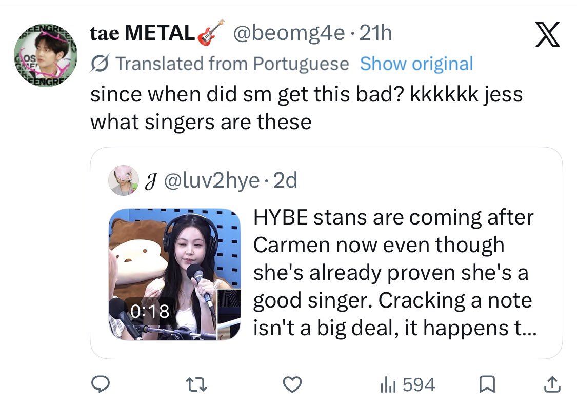 freeraa1880's tweet photo. @TaeLuvot7 @monienyamjun kak? literally banyak twit hate dari army dan stan idol hybe ke carmen. concern kita tuh justru kenapa harus jadiin samsak carmen, yg bikin ulah fans grup lain di sm tapi dilampiasin ke carmen yg fansnya kata orang kebanyakan normies baru kpop an ini https://t.co/GMicMXXxun