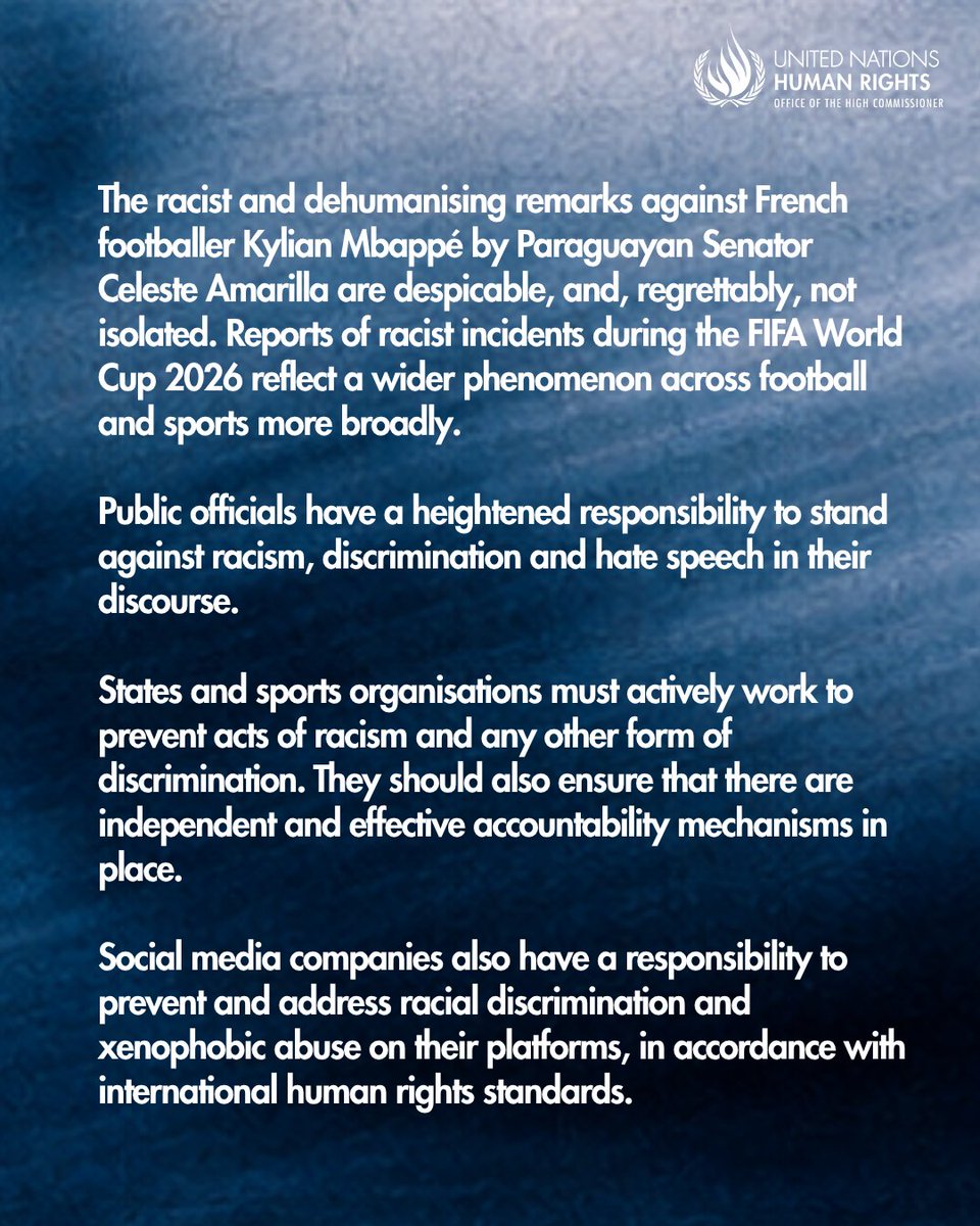 UNHumanRights's tweet photo. The power of sport must be used to promote equality, dignity &amp; respect, not hatred or dehumanization. Language that dehumanizes people because of their race or ethnic origin has no place in sport or public discourse. @KMbappe  #NoToHate https://t.co/oMoiY42R6B