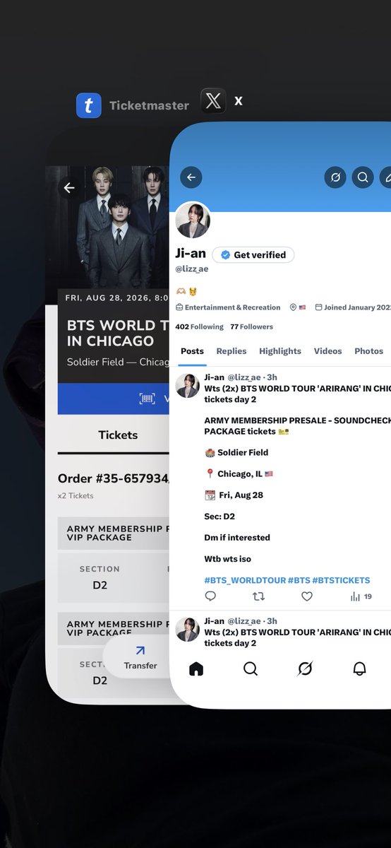 lizz_ae's tweet photo. WTS (2x) BTS WORLD TOUR ‘ARIRANG’ IN CHICAGO – Day 2 tickets 🎫

✨ ARMY MEMBERSHIP PRESALE – SOUNDCHECK VIP PACKAGE

🏟️ Soldier Field  

📍 Chicago, IL 🇺🇸  

📆 Fri, Aug 28  

🎟️ Sec: D2

DM if interested 💜

WTB / WTS / ISO

#BTS_WORLDTOUR #BTS #BTSTICKETS #BTSChicago https://t.co/ak8wFITpi0