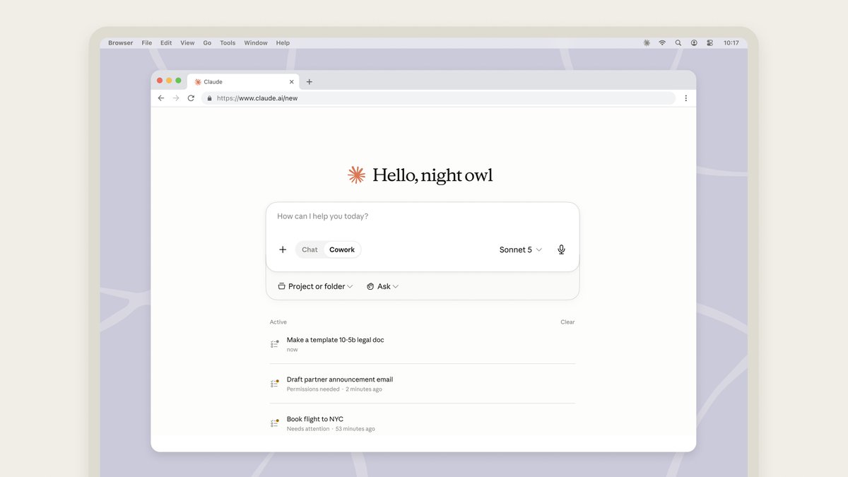 claudeai's tweet photo. Chat and Cowork are moving into one home on web and desktop, with one place for your projects and artifacts across both.

Handing Claude a task starts the same way a conversation does. https://t.co/3wGxQELkku