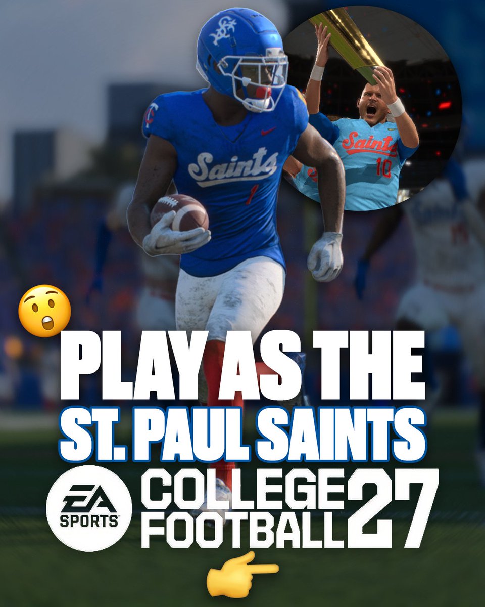 StPaulSaints's tweet photo. The Saints got called up...to the gridiron and now you can play as the St. Paul Saints in EA College Football 27 🏈 👀

Search for the username TRMIZ in TeamBuilder's Download Center and take the Saints to the Natty.

Which uniform set are you rocking? 👇 https://t.co/zbsj4RsTGv