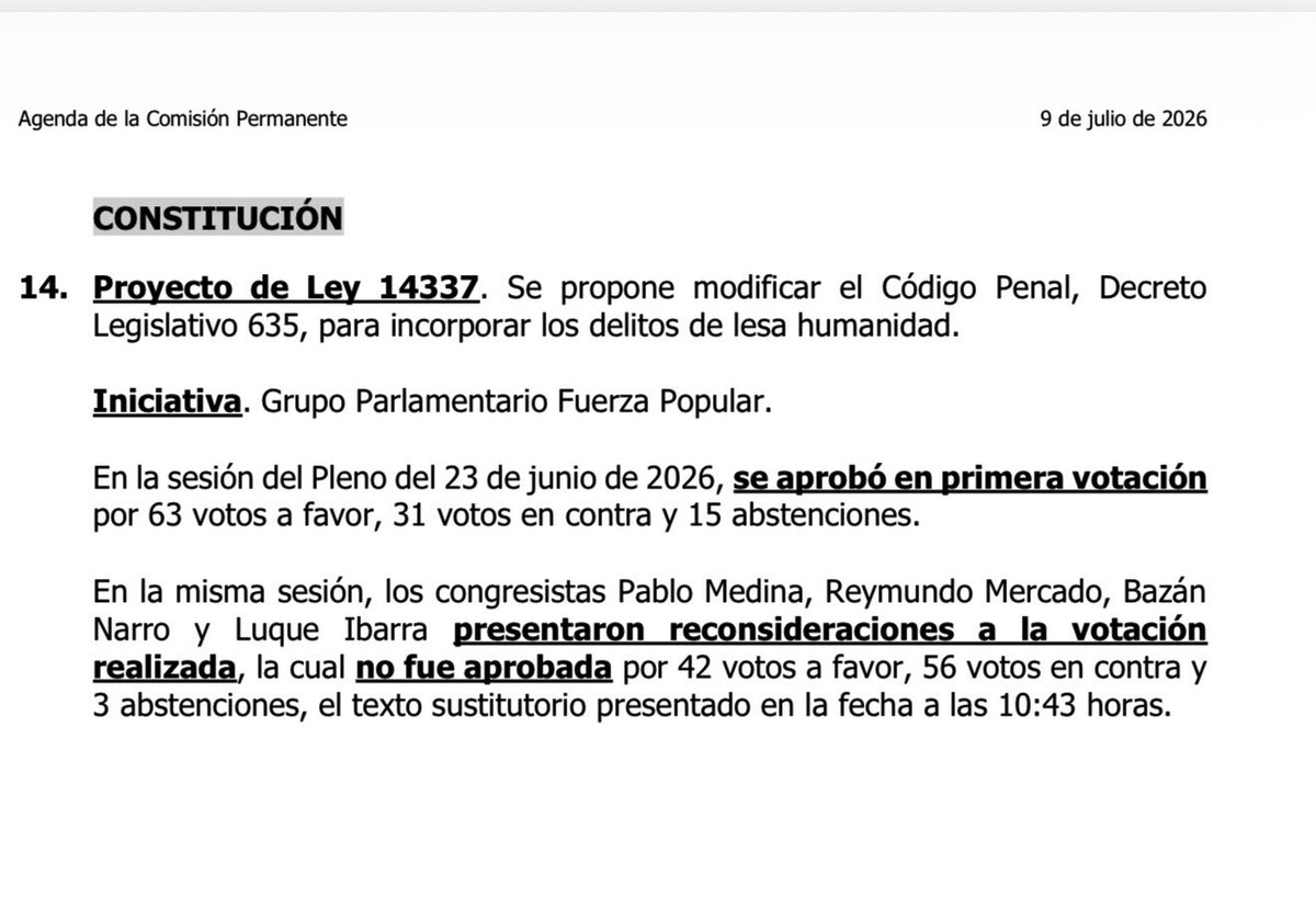 RuthLuqueIbarra's tweet photo. #ATENCIÓN para el jueves 9 de julio a las 9:00 a.m, se ha convocado a Comisión Permanente en agenda se encuentra modificar el Código Penal e incorporar el delito de lesa humanidad cuyo texto es absolutamente contrario a lo establecido por el Estatuto de la CPI. https://t.co/IhSBsu4Cxm