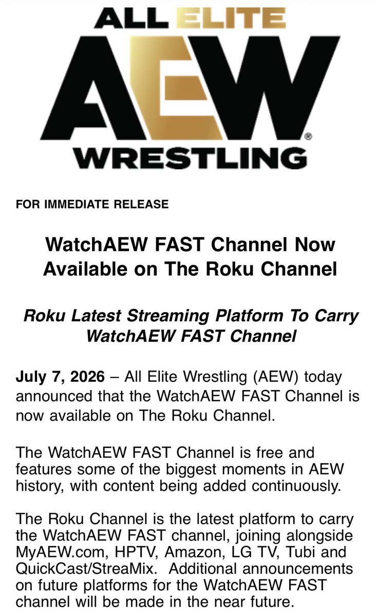 JonAlba's tweet photo. AEW just announced that the free WatchAEW Fast Channel is now on Roku https://t.co/4cxJo8ipVU
