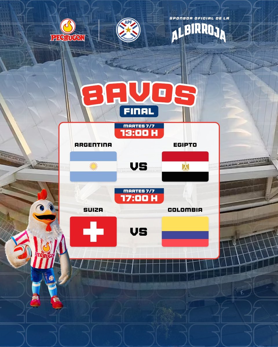 PechugonPy's tweet photo. Nueva jornada de octavos con dos cruces picantes que definen a más clasificados a cuartos. Agendá los horarios 👇

📅 Martes 7/7
🕐 13:00 hs
🇦🇷 Argentina 🆚 Egipto 🇪🇬
🕔 17:00 hs
🇨🇭 Suiza 🆚 Colombia 🇨🇴

Eliminación directa pura: el que gana avanza entre los mejores del mundo, el que pierde se va a casa. 🔥

¿Cuál vas a ver? 🐔