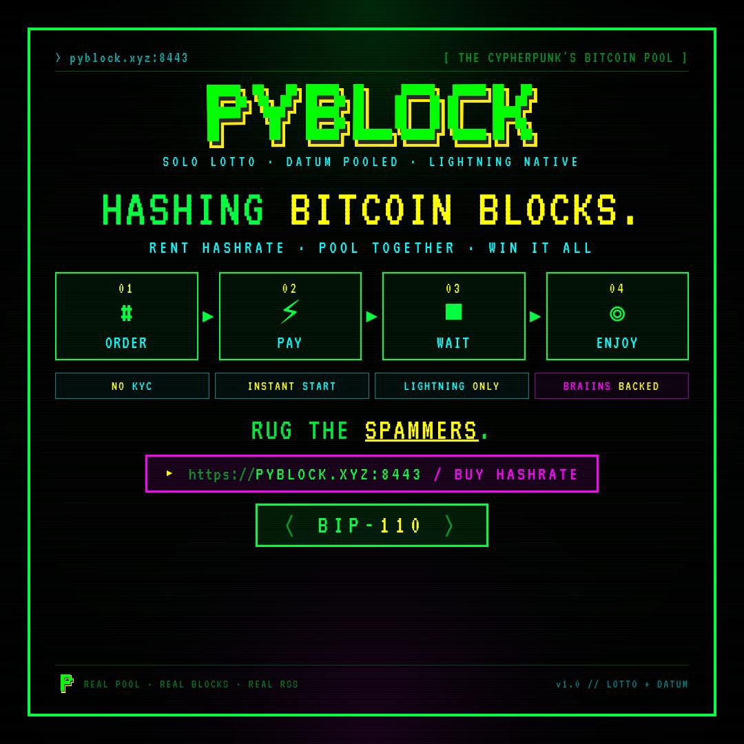 _PyBlock_'s tweet photo. We’ve already surpassed T in the best diff for 3 of the 4 Stratums.
Are you at the #HashParty?
Let’s go Miners!
If you don't have miners, you can buy Hashrate with Lightning and start mining at an industrial scale in ~4 minutes:
https://t.co/qGKdIvX5Tz
Happy Mining! #BIP110 https://t.co/712UKGm3Pz