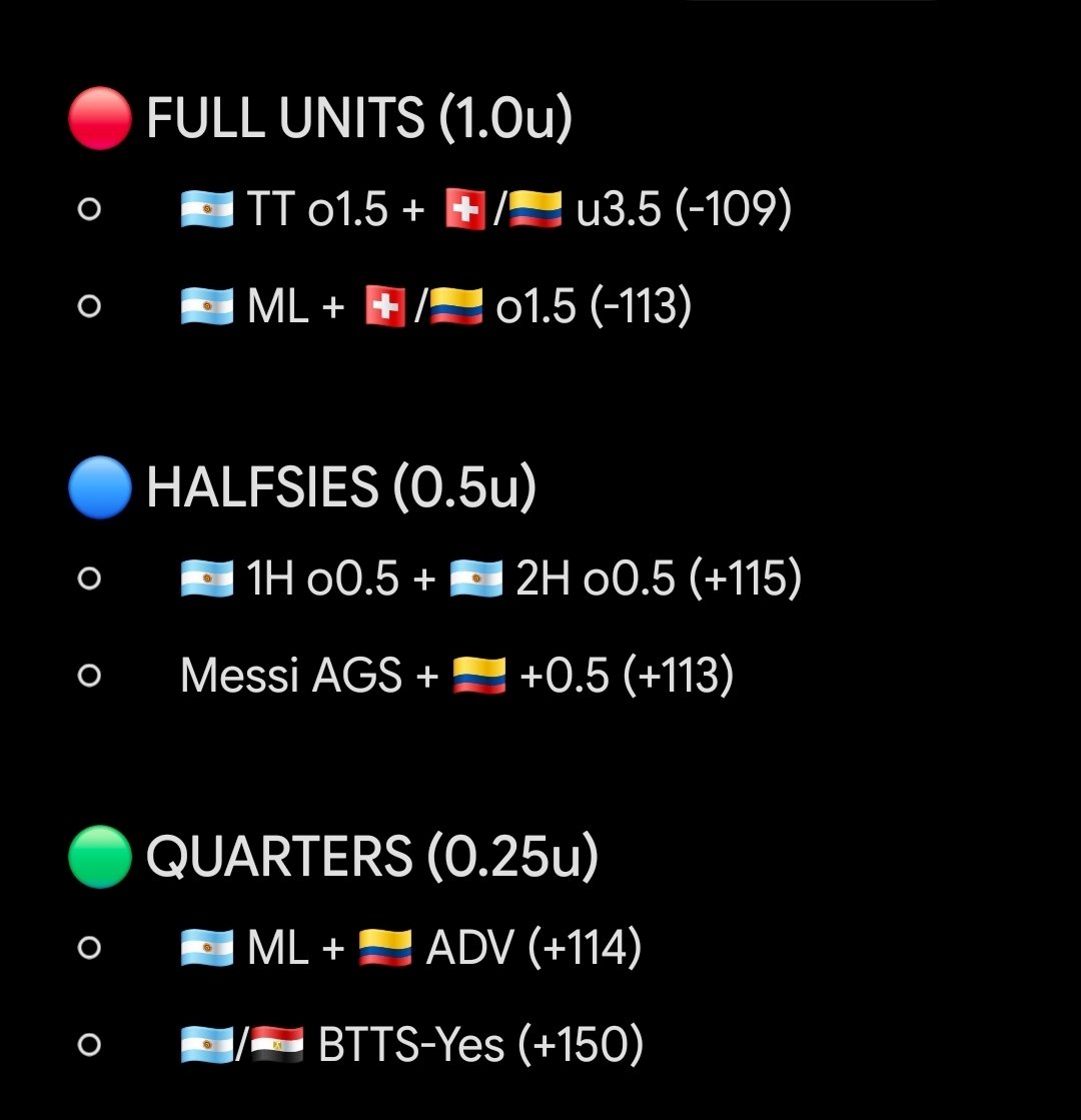 darth_wager's tweet photo. #WorldCup2026 #KnockoutStage
🗓2️⃣7️⃣ #ARGEGY #SUICOL
*sigh* losing bets #USMNT BOUNCED...there is no GOD 😭
ANYHOO Keep on pushing...6 Bets...SEE BELOW
BOL 🍀🤞🏿
#VamosArgentina #LaScaloneta #Messi #Pharaohs #VamosColombia #LaTricolor #FiebreAmarilla https://t.co/EVtxFCpURx