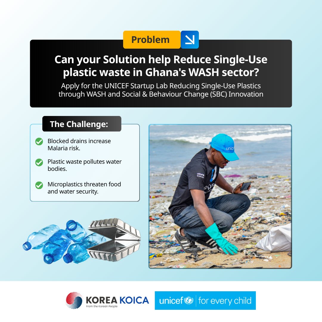 UNICEFStartups's tweet photo. We’re looking for solutions that replace single-use plastics, improve plastic recovery through the 3Rs, and drive behaviour change.

Join our Info Session on Wednesday, July 15, 2026, at 11 AM GMT to learn more from UNICEF.

Register here: https://t.co/qxCs3He55l https://t.co/JJPfPuzpdP