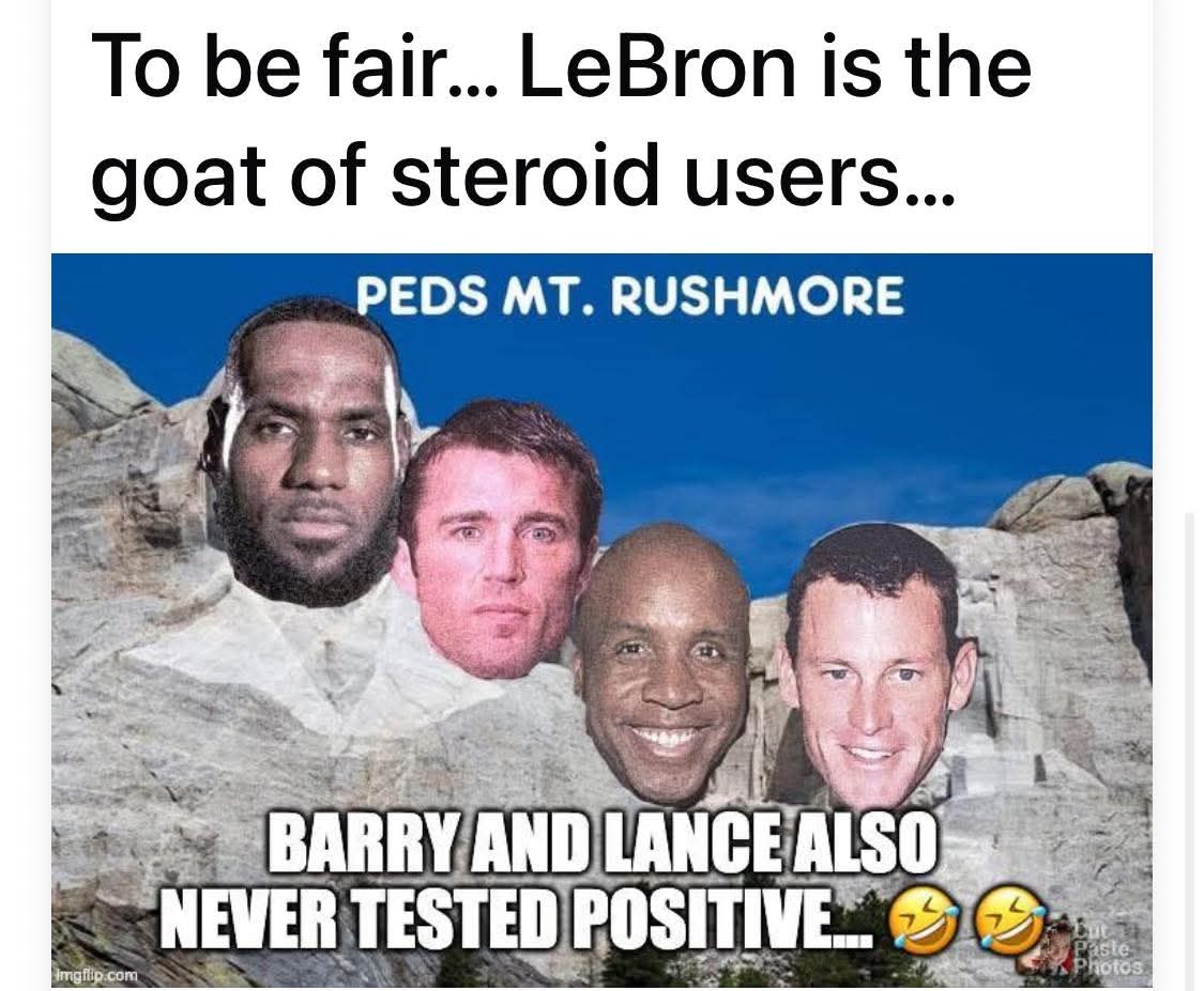Supreme23_____'s tweet photo. LeBron James never tested positive for PEDs Asshole🤬

Neither did Barry Bonds or Lance Armstrong

But their associates were never investigated and 'cleared' by the FBI  

Biogenesis founder Victor Conte and UFC fighter Chael Sonnen has suspicions about if LeBron is 'All Natural' https://t.co/xUIEu0wthd
