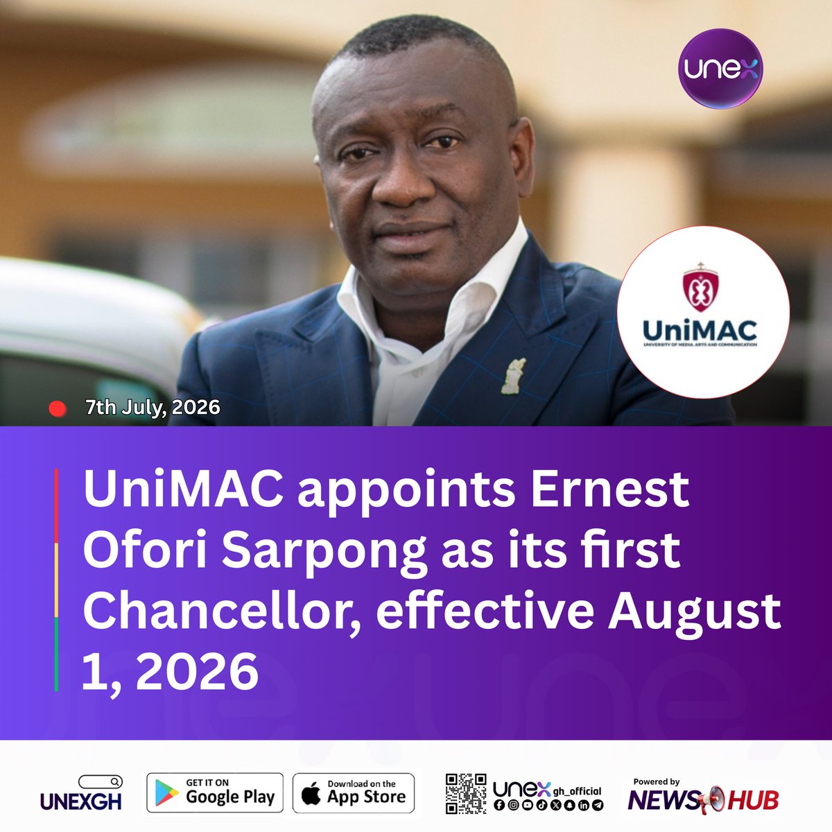 watsuptek's tweet photo. The University of Media, Arts and Communication (UniMAC) has appointed Ernest Ofori Sarpong as its first Chancellor, effective 1st August 2026, to provide leadership and support the institution’s strategic growth.

#WatsuptekReport https://t.co/Rk1XHEbwQV