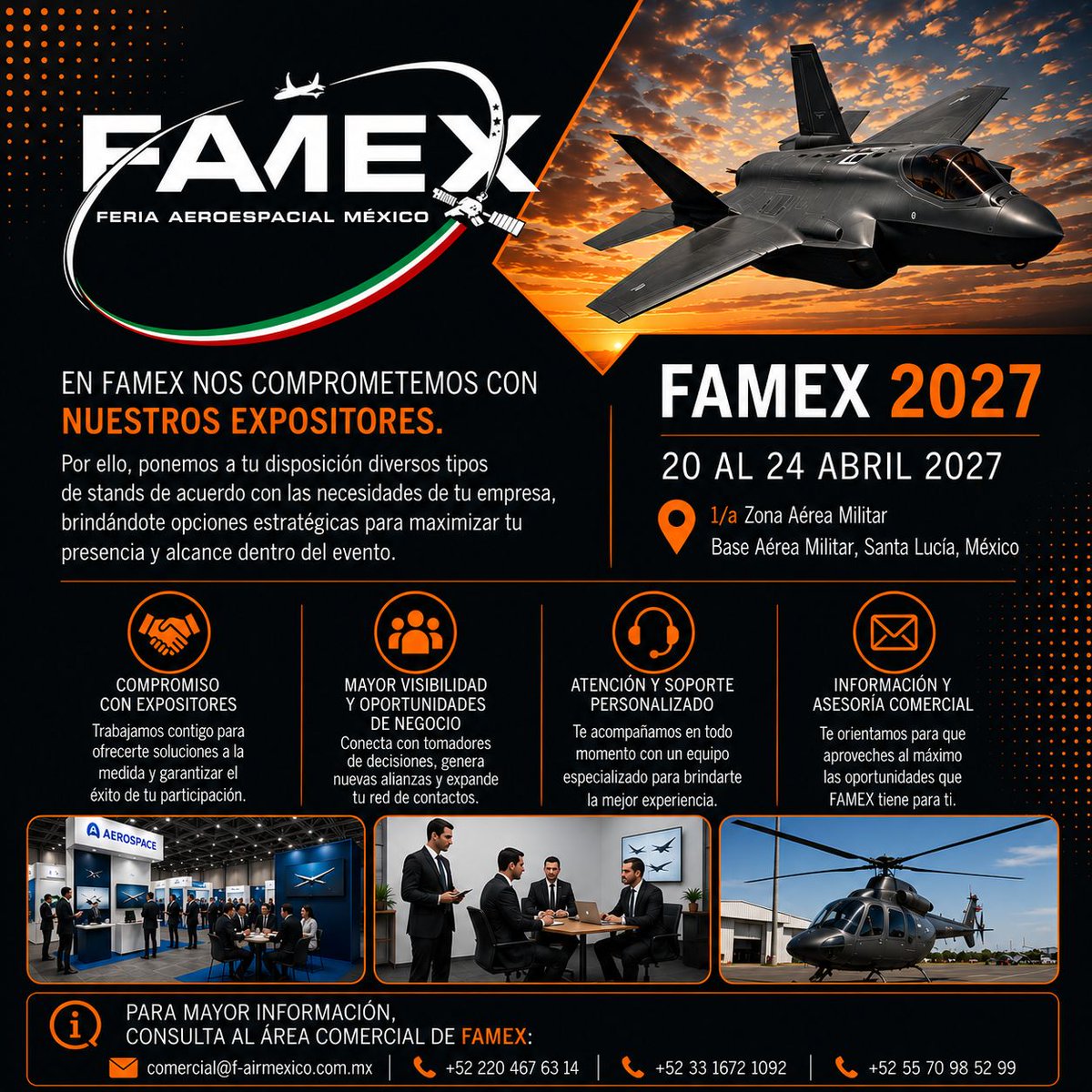 FAMEXTweet's tweet photo. 🚀 ¡Impulsa el futuro de tu empresa en FAMEX 2027!
FAMEX invita a toda la industria aeroespacial, de seguridad y defensa a participar como expositores en su próxima edición.
¡Te esperamos en FAMEX 2027!
#FAMEX2027 #IndustriaAeronautica #ExpositoresFAMEX #NetworkingB2B https://t.co/OGqAqR8KGI