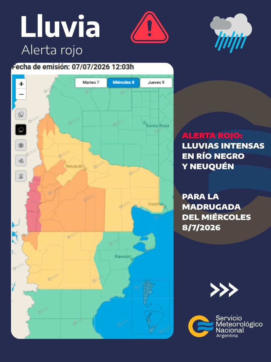 SMN_Argentina's tweet photo. 7 JUL | 12h 🌧️ Actualización de #Alertas

🟥 Se eleva a nivel rojo el alerta por lluvias para la cordillera de Neuquén y Río Negro, donde se esperan acumulados entre 60-100 mm para la madrugada del miércoles ➡️ https://t.co/JEKgO5ve5E