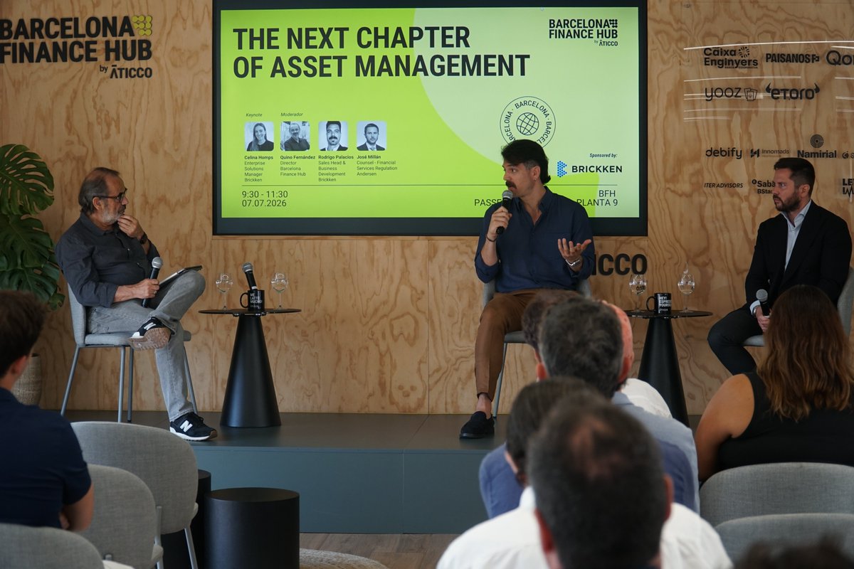 Brickken's tweet photo. This morning, we joined The Next Chapter of Asset Management at Barcelona Finance Hub.

The discussion: how tokenization is reshaping issuance, management and distribution across asset classes.

Celina Homps and Rodrigo Palacios represented our team, alongside an engaged audience from across asset management, wealth and institutional capital

The level of engagement in the room made clear how quickly this conversation is maturing.

Grateful for the connections made and the ideas exchanged today.
We're looking forward to continuing them.