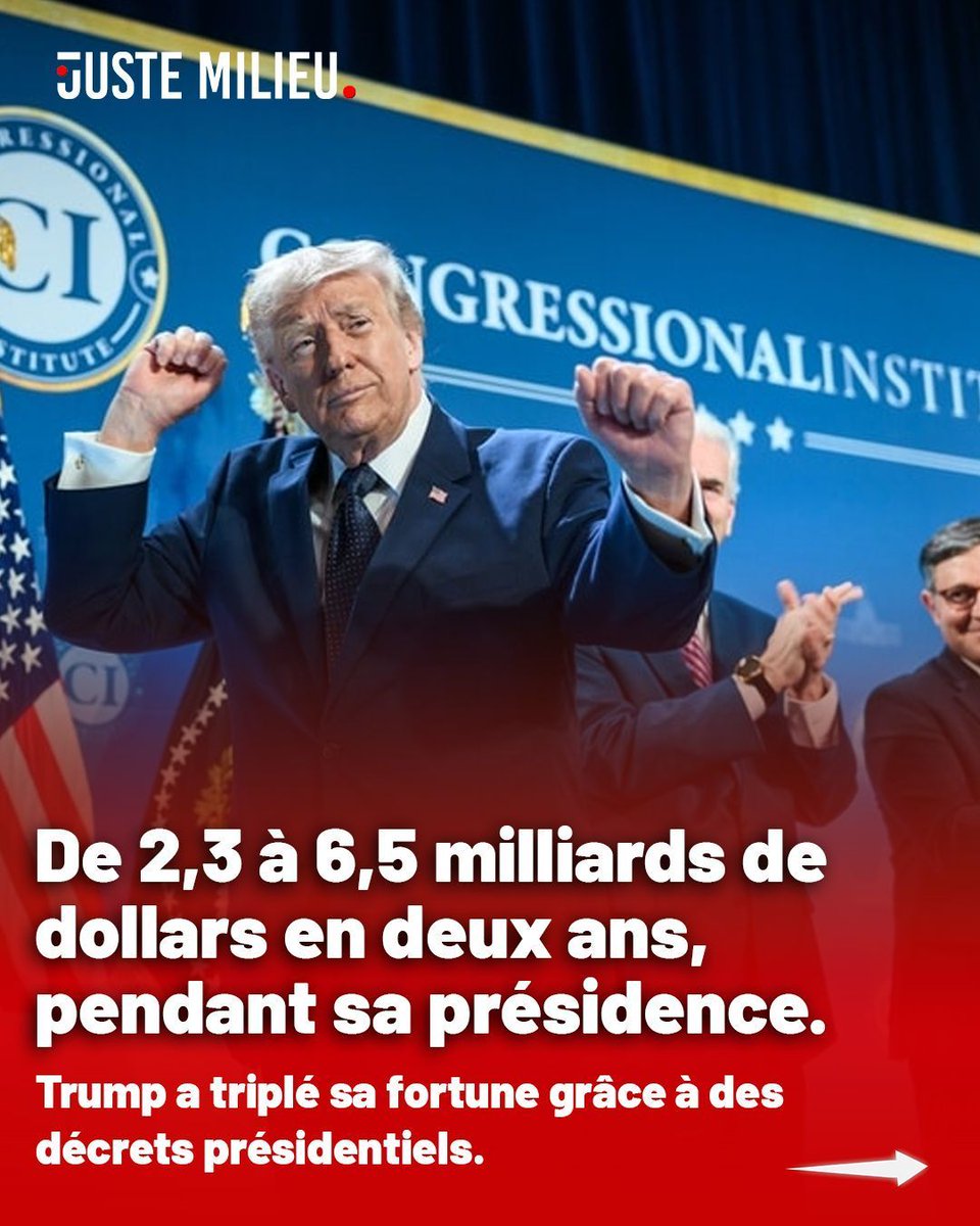 JusteMilieu3's tweet photo. 💰 De 2,3 à 6,5 milliards de dollars en deux ans, pendant sa présidence.
Trump a triplé sa fortune grâce à des décrets présidentiels.

Le Bureau d'éthique américain vient de publier 900 pages sur l'enrichissement de Trump.

📍 Mar-a-Lago : 77 millions de dollars par an. Le club de golf de Virginie du Nord : 25 millions.

📍 World Liberty Financial : 520 millions de dollars générés en cédant des participations dans sa propre entreprise crypto. Fondée en 2024, juste avant son retour au pouvoir.

📍 La réponse de la Maison-Blanche : Trump « a fièrement fait des États-Unis la capitale mondiale de la cryptomonnaie grâce à des décrets présidentiels ».

Hunter Biden vendait des tableaux. Trump signe des décrets. Devinez lequel a fait le plus scandale.