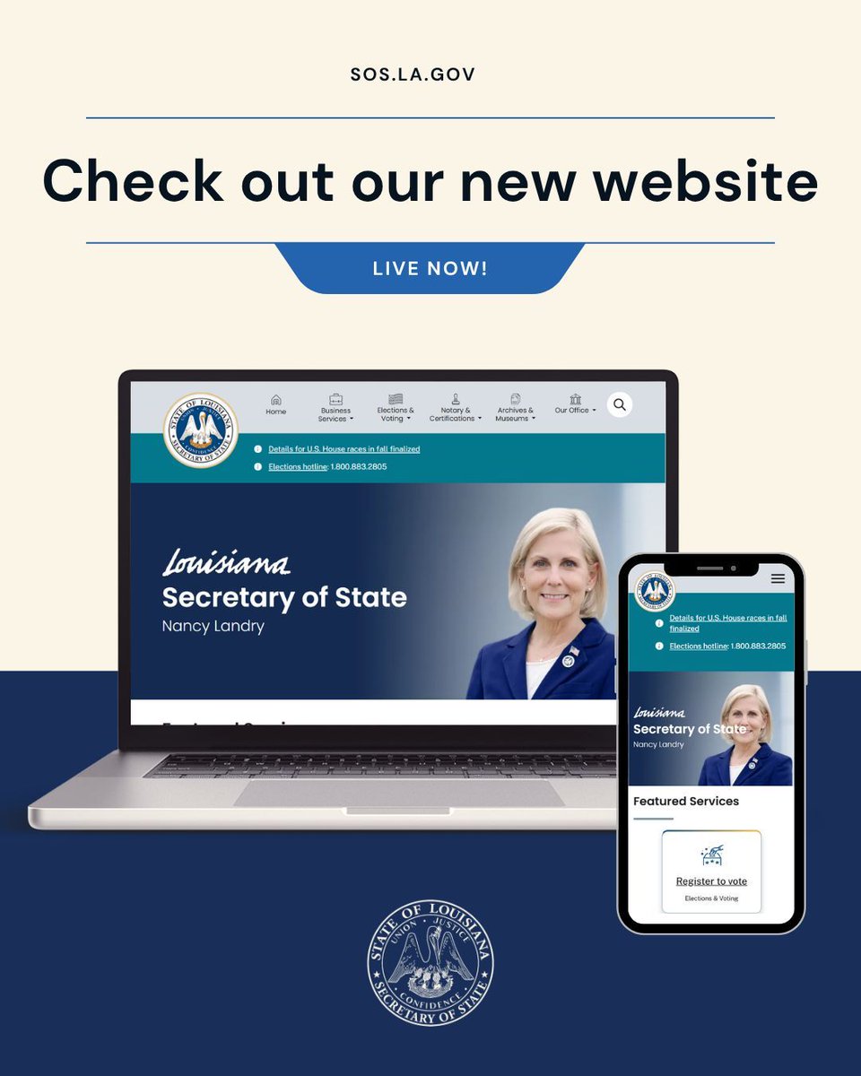 Louisiana_sos's tweet photo. Things may look a little different next time you visit https://t.co/nK5i1e0463. We've launched our new website in an effort to improve accessibility and user experience. Check it out! https://t.co/1gl43BKhmN