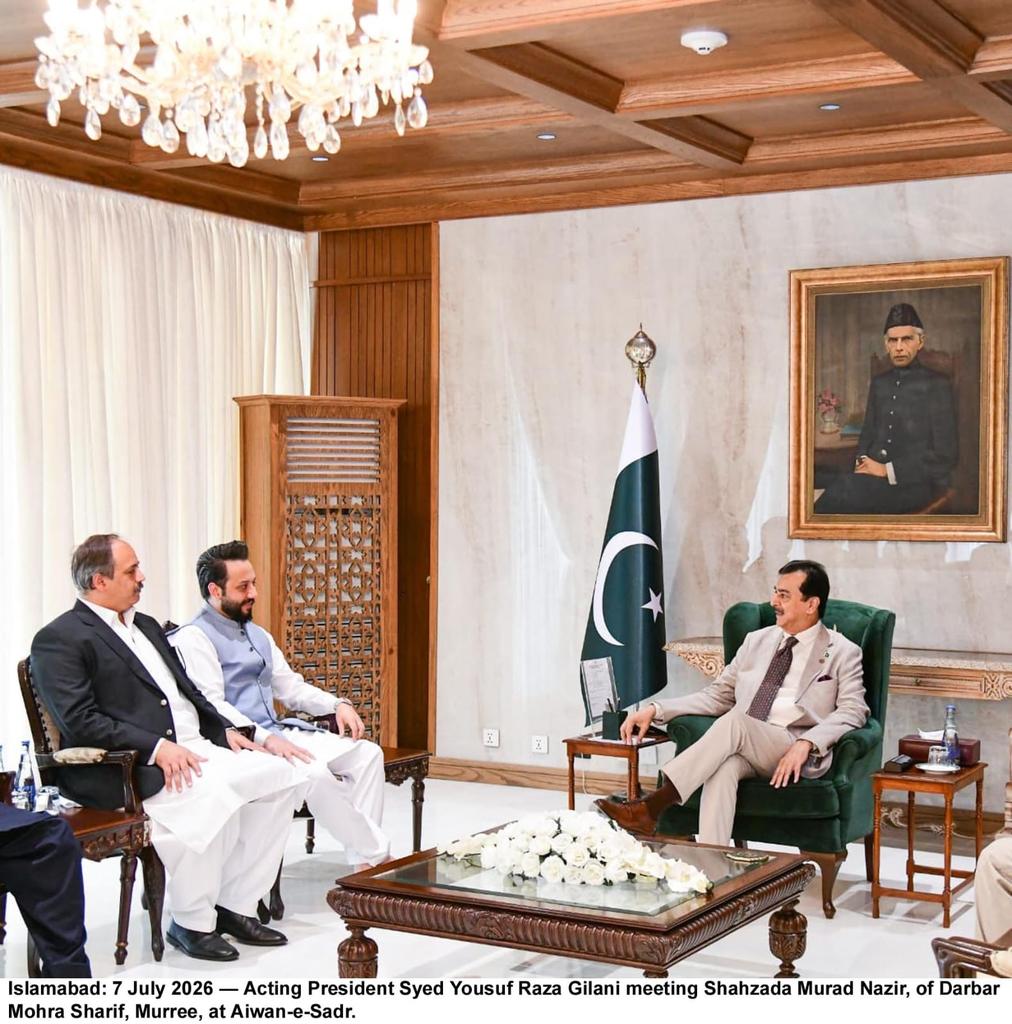 OfficeSenate's tweet photo. Acting President Syed Yousuf Raza Gilani holds meetings at Aiwan-e-Sadr

Acting President Syed Yousuf Raza Gilani held separate meetings with religious, political and literary personalities at Aiwan-e-Sadr today.

Among those who called on the Acting President were Shahzada Murad Nazir, of Darbar Mohra Sharif, Murree, former MPA Mian Jhangir Pirzada Bhutta, Mr Faisal Sakhi Butt and Rao Waqas. 

Mr. Gilani also met poet Mr Rahman Faras, who presented copies of his books to him. The Acting President appreciated his literary contributions and wished him continued success.

During the meetings, matters of mutual interest, the overall national situation and issues relating to public welfare came under discussion.

Mr. Gilani also referred to the forthcoming visit of the Secretary General of the Muslim World League (Rabita-e-Alam-e-Islami), Sheikh Dr. Mohammed Al-Issa, later this week. He expressed the confidence that the visit would further strengthen efforts to promote interfaith harmony and tolerance in the country.
@GovtofPakistan @PresOfPakistan
@MediaCellPPP @SenatePakistan
@YRGillani @PTVNewsOfficial
@RadioPakistan
#Pakistan #ActingPresident #YousafRazaGilani #Senate #Democracy