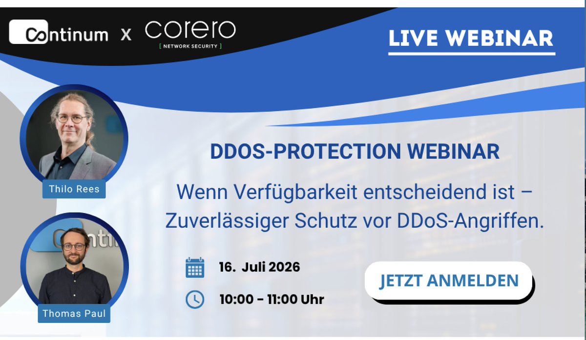 Corero's tweet photo. One week out. Are you registered? ⏳
We're going live with Continum AG for the German-speaking community — covering how organizations can stay resilient as #DDoS attacks grow more frequent and more damaging.
Save your seat: https://t.co/ew1izvQiEp https://t.co/0ssfeUHbi3