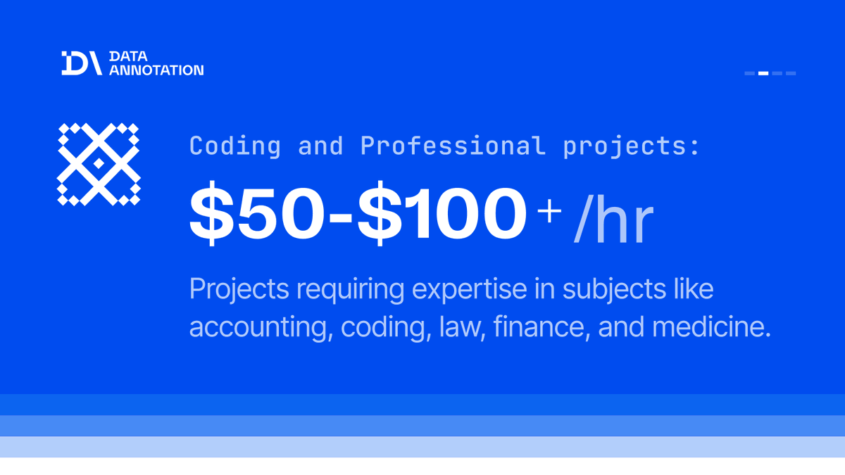 Data_Annotation's tweet photo. Most remote platforms keep rates low by design. More contributors, more supply, lower pay.

DataAnnotation works the opposite way: a selective contributor pool, premium projects, and rates that reflect what skilled work is actually worth.

Premium pay follows premium work. https://t.co/6ThIivkQ1C