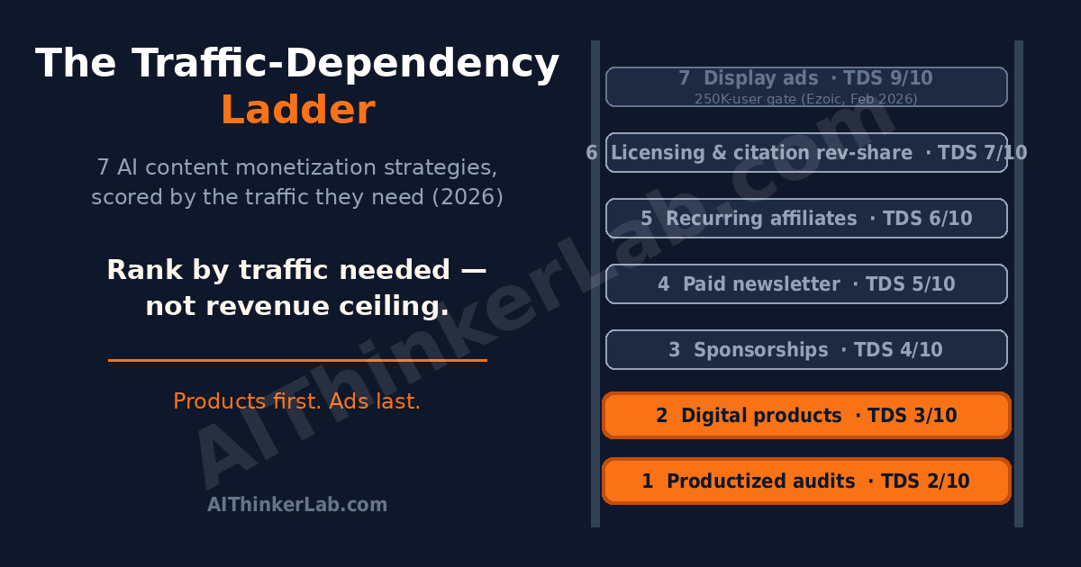AIThinkerLab's tweet photo. Feb 2026: Ezoic raised its minimum to 250,000 monthly users. Jan 2026: Perplexity started paying publishers for citations — no click required. Rank by traffic dependency: https://t.co/BRIvZlV46O
#AIContent #GEO #Monetization https://t.co/GYgvZmltBC