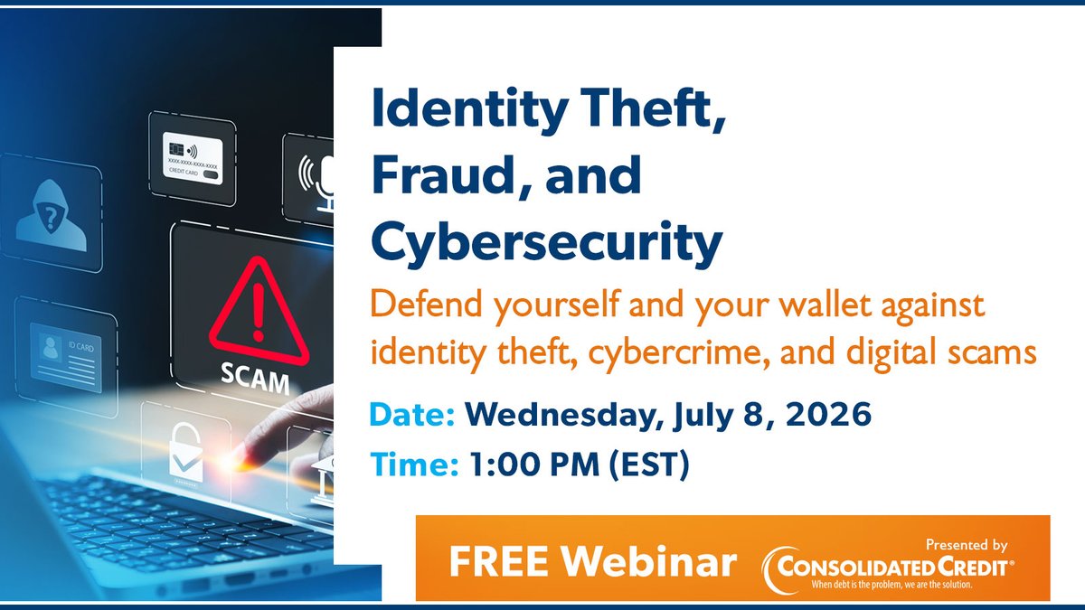 ConsolidatedUS's tweet photo. We're less than 24 hrs away!⏰Don’t wait until a scammer targets your wallet to figure out your cybersecurity plan. Join #ConsolidatedCredit TOMORROW for tips on how to outsmart online #fraud, #phishing, &amp; #IdentityTheft. 📅Wed, July 8, 1PM EST
👉Sign up: https://t.co/oLwzb0xPTb https://t.co/TihktW4dAC