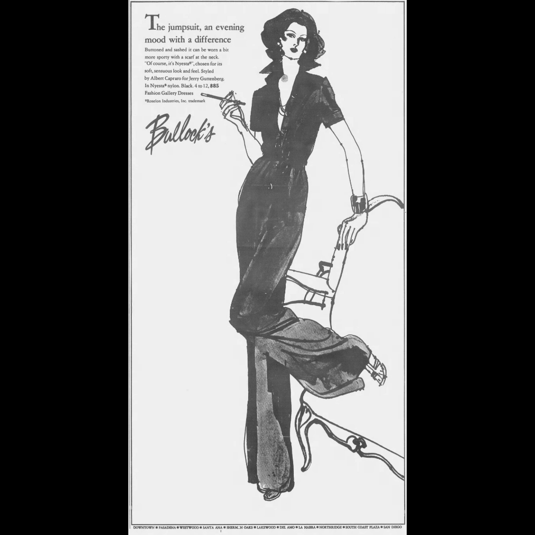 ALBERTCAPRARO's tweet photo. July 7, 1975 - Los Angeles Times 
Part II - Page 3
The jumpsuit, an evening mood with a difference
Buttoned and sashed it can be worn a bit more sporty with a scarf at the neck.  "Of course, it's Nyesta", chosen for its soft, sensuous look and feel.  Styled by Albert Capraro for Jerry Guttenberg.