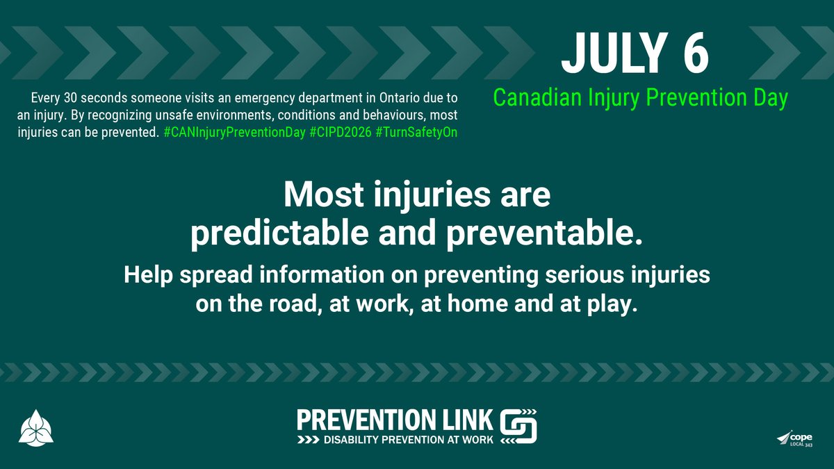 Preventionlink's tweet photo. We have the potential to change the story.
Spread the message about the importance of injury prevention. https://t.co/QejOEPXCq5
#InjuryPrevention #CANInjuryPreventionDay #CIPD2026 #TurnSafetyOn #onpoli #onlab #canpoli https://t.co/UYhsIgfhVv