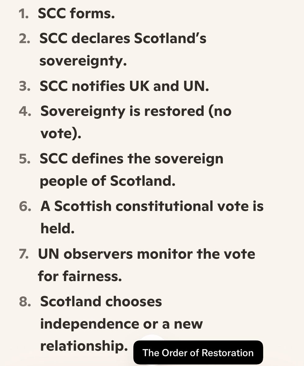 pat11060's tweet photo. Scotland’s path to clarity has  finally becoming visible.

When Scotland restores its sovereignty, it isn’t “leaving” anything it is recognising a constitutional truth that existed long before the Union. 

Restoration is not a referendum, not a demographic vote, and not something Westminster can define. 

It is a constitutional act carried out by Scotland’s own civic body.

That’s where the Scottish Constitutional Convention comes in.
The SCC will speak for the sovereign people of Scotland, declare our constitutional status, and notify both the UK and the United Nations. 
Only after sovereignty is restored does Scotland choose its future direction. (Independence or not)

And that choice is where a vote happens but it is a Scottish constitutional vote, not a UK framed referendum. 

The SCC will define who the “sovereign people of Scotland” are for that decision, based on constitutional nationality, not Westminster residency rules.

UN observers will be present to ensure the vote is fair, transparent, and free from interference. 

They don’t decide the rules they simply verify that Scotland’s decision reflects the will of its sovereign people.

This is how nations reclaim clarity.
This is how Scotland will decide its future.
Calmly, lawfully, and in full view of the world.
🤔🤞☮️🏴󠁧󠁢󠁳󠁣󠁴󠁿⚖️🌎