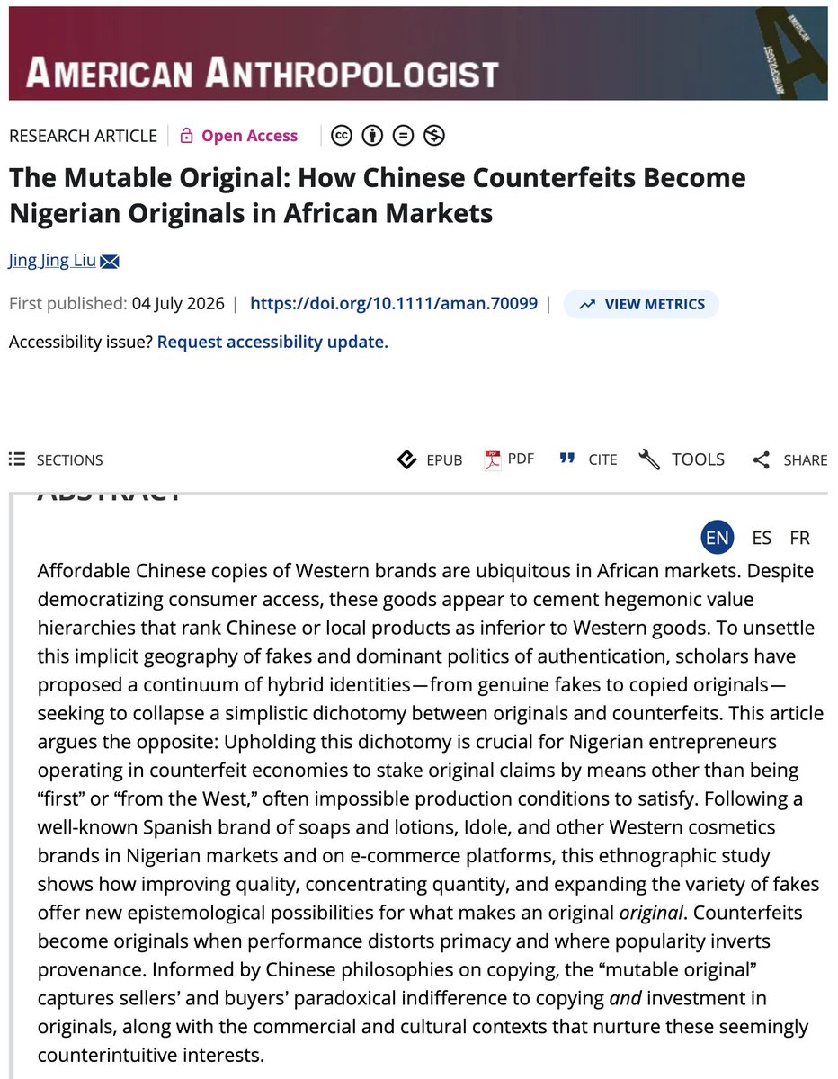 AmAnthroJournal's tweet photo. New #OpenAccess article! Check out "The Mutable Original: How Chinese Counterfeits Become Nigerian Originals in African Markets" by Jing Jing Liu. #Anthropology

https://t.co/nFaqsAXR78 https://t.co/Ypxz1rabMT