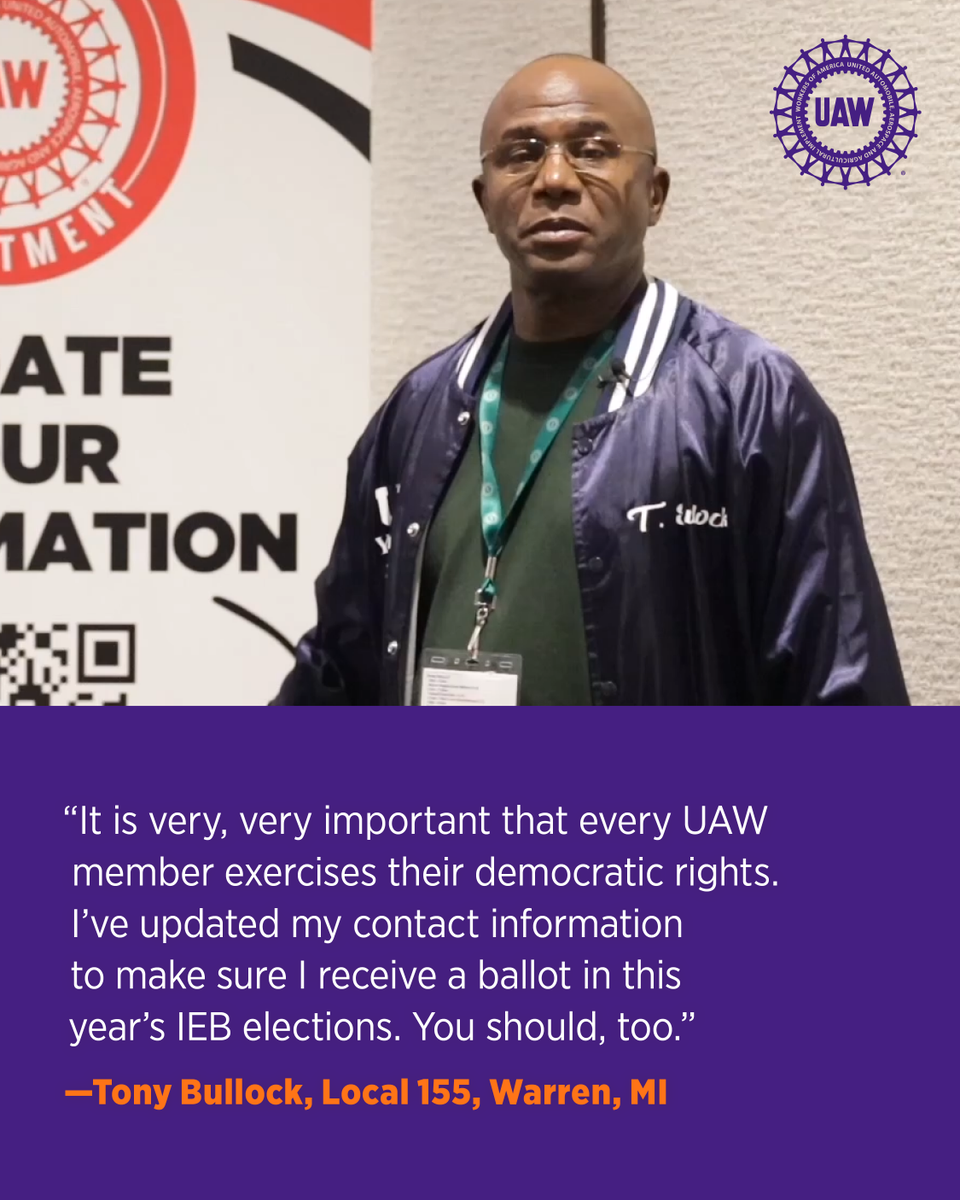 UAW's tweet photo. UAW members — Your voice matters! 

Update or confirm your contact information at https://t.co/uSPFbDjVrf to ensure you receive a ballot in the 2026 UAW International Officer Election and get the latest news and updates from the UAW. https://t.co/8ya9FNPYqW