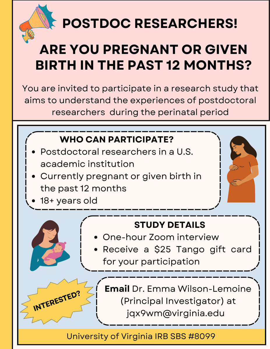 AWISNational's tweet photo. Are you a current postdoctoral researcher at a US institution who is pregnant or gave birth within the past 12 months? AWIS member Emma Wilson-Lemoine, PhD,  is recruiting participants for a study on pregnancy and postpartum experiences in US academia. https://t.co/P1gVxWKqe0