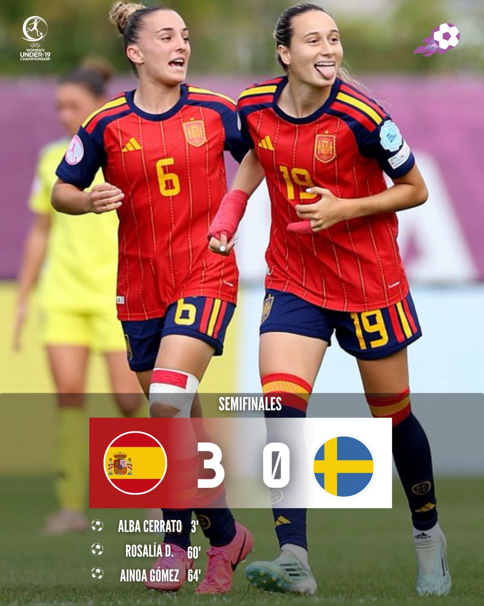 Erafutbolfem's tweet photo. ‼️ España se clasifica para la final del Europeo sub-19

💥 Partido dominado de principio a fin para luchar por el quinto título consecutivo

🇪🇸 España 3⃣➖0⃣ Suecia 🇸🇪

⚽️ Alba Cerrato, Rosalía Domínguez y Ainoa Gómez

📅 Viernes 18:00 vs vencedor del Alemania-Austria https://t.co/yuEt8zSP5X