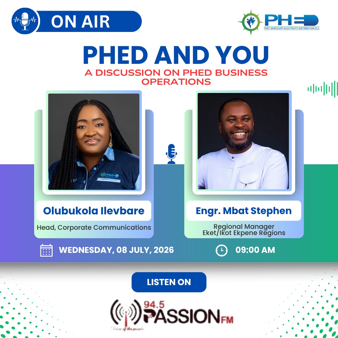 PHEDconnect's tweet photo. Join us on Air tomorrow as we discuss
PHED AND YOU - A DISCUSSION ON PHED BUSINESS OPERATIONS
Date: Wednesday, 8th July, 2026
Time: 09:00 AM
Station: @Passion945fm
#PHED #PHEDCares #Uyo https://t.co/our2NLYMF7