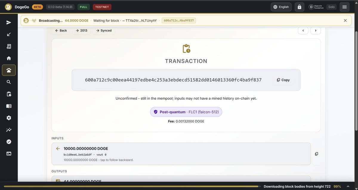inevitable360's tweet photo. meanwhile ..... send a $DOGE Post-Quantum transactions on #DogeGo - Much Faster Full Dogecoin Node and is enable by default (its optional, can be disable) https://t.co/ZhKk0KsOGG