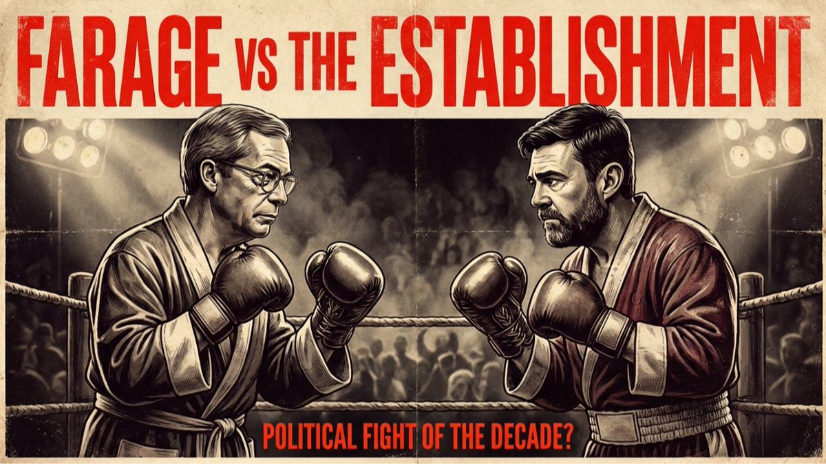 jongaunt's tweet photo. Farage vs. The Establishment—is this the political fight of the decade? 🥊 Join me LIVE at 9 PM tonight as we break down the battle lines and what this means for the UK. Don't miss it!FARAGE VS THE ESTABLISHMENT - POLITICAL FIGHT OF THE DECADE? https://t.co/bHwMd4LeWz