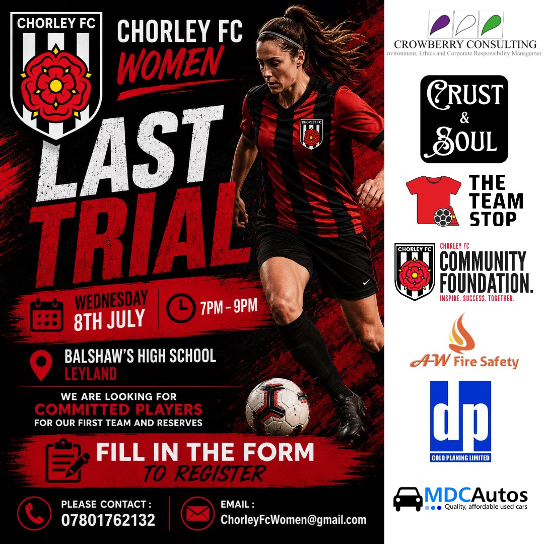 ChorleyFcWomen's tweet photo. It’s not too late to get involved with Chorley Fc Women 2026/2027 . 

We have one trial date left as we look for talented , experienced and committed players to join us for the upcoming season.

Looking for players in all positions. 

Wednesday 8th July 7pm-9pm . 

For more information and register for the trials.

Click the link below ⬇️ or msg 07801762132
Email : chorleyfcwomen@gmail.com 

https://t.co/Mu8h8oSLNR