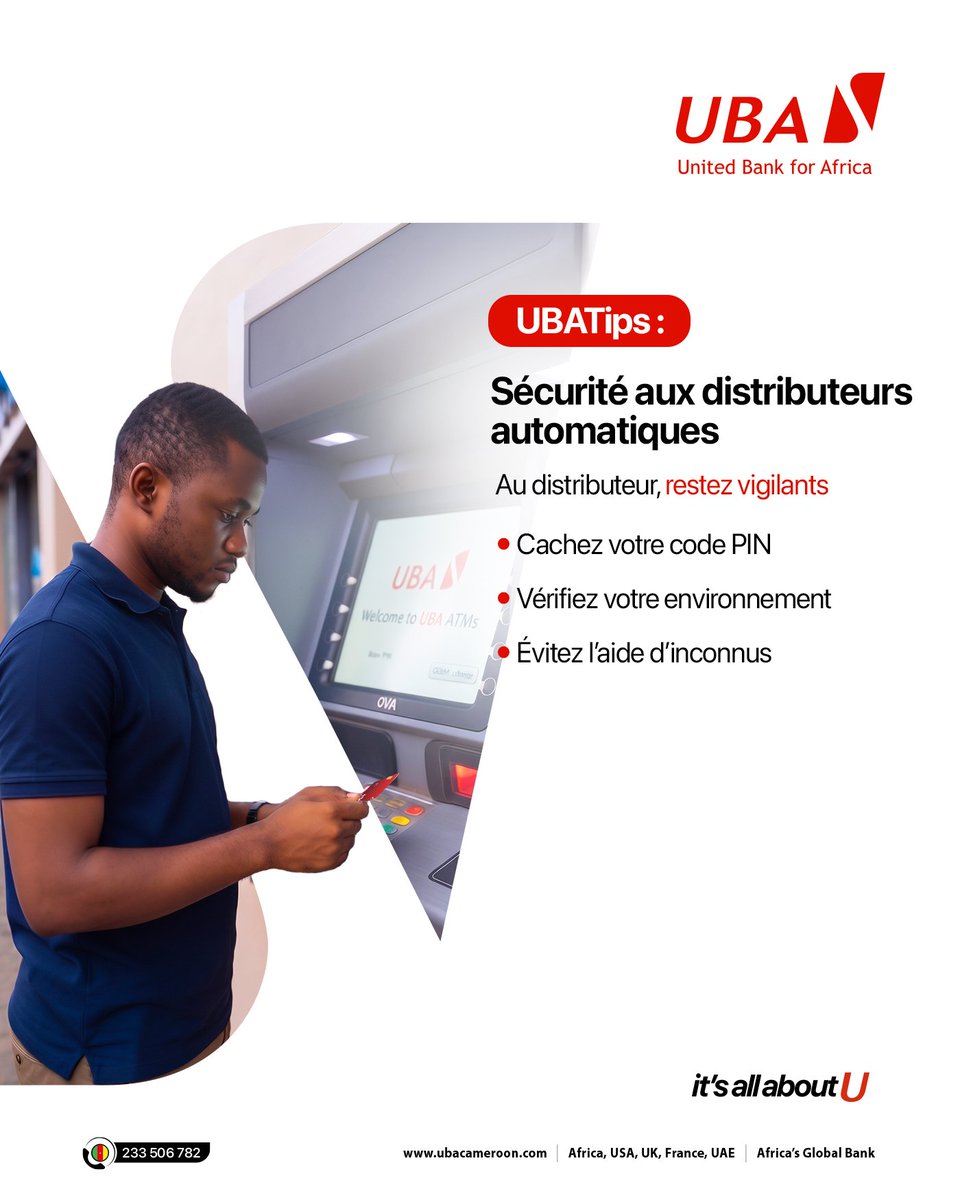 ubacameroon's tweet photo. #UBATips
Quelques secondes d’inattention au distributeur peuvent suffire à exposer vos informations bancaires. Prenez toujours le temps de vérifier votre environnement et protégez votre code PIN lors de vos retraits.
👉 Votre sécurité est une priorité.
#AfricasGlobalBank
#LaBanquePlusProcheDeVous
