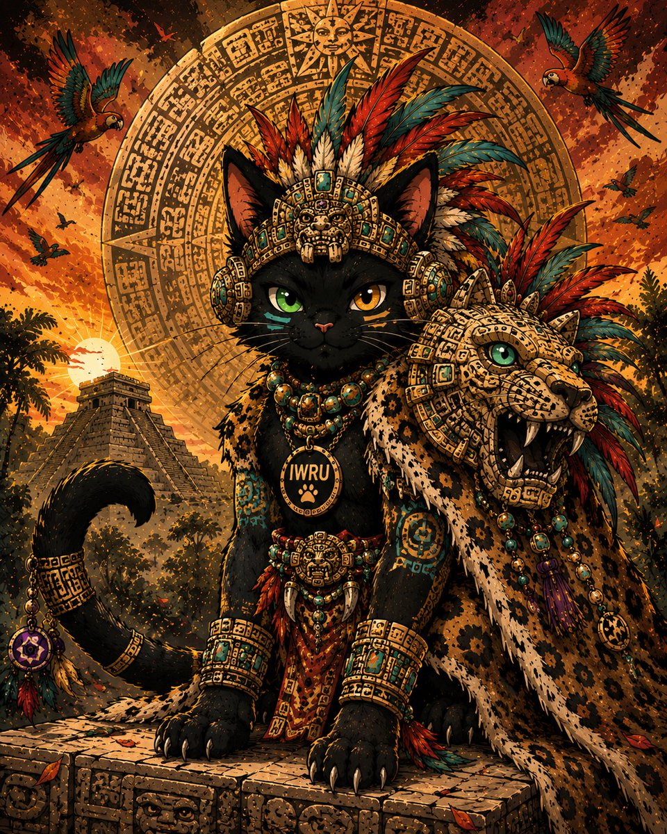 Iwillrug_u's tweet photo. IWRU, Guardian of the Sun Temple 🐈⬛☀️
Aztec warrior spirit, jaguar power, ancient chaos.
Thanks for the challenge @Serina_L 🔥
#AztecBeauty #Monad #IWRU #MonadNFT #DigitalArt #AIArt #CatArt https://t.co/ooNYv40mJ1
