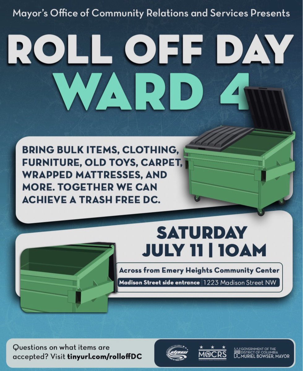 DCMOCRS's tweet photo. Join us this weekend, for the Ward 4 Roll Off Day!  📅 Saturday, July 11 🕙 10AM–2PM  📍 1223 Madison Street NW  Bring bulk items & clutter for disposal—let’s work together to keep our city clean! 🧹  ⚠️ Please review the list of prohibited items before you come: https://t.co/XZtBNYjxex  #TrashFreeDC #Ward4