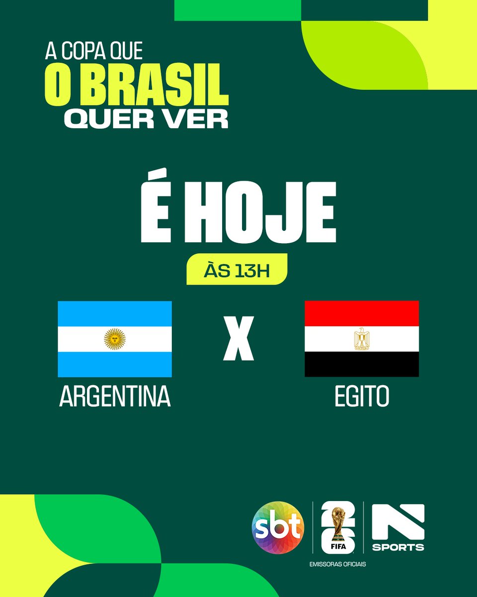 sbt_sports's tweet photo. HOJE É DIA DE JOGAÇO!!!! 🇦🇷🇪🇬
Venha assistir Argentina x Egito, AO VIVO e DE GRAÇA, na tela do SBT e N Sports.
#SBTSports #ACopaQueOBrasilQuerVer #Futlive
#BalançoDaCopa https://t.co/8D95KbK0py