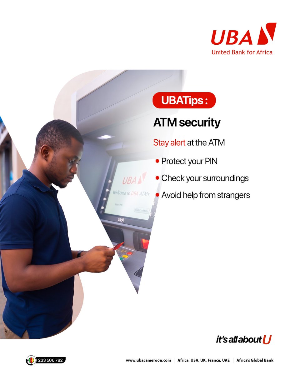 ubacameroon's tweet photo. #UBATips
A few seconds of distraction at the ATM can expose your banking information. Beware of your surrounding and always protect your PIN at every withdrawal.
👉 Stay safe while banking.
#AfricasGlobalBank
#TheBankCloserToYou https://t.co/6mtX58zDYU