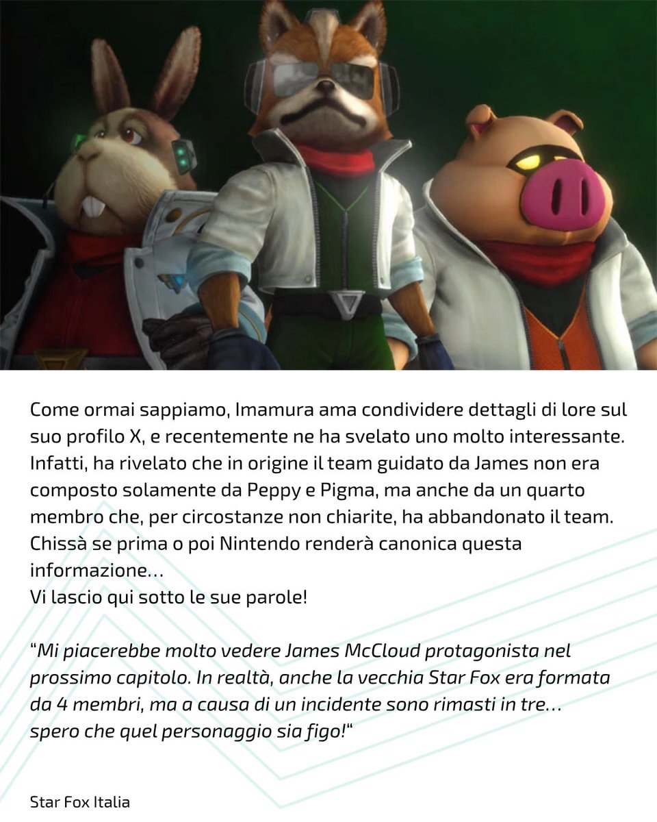 StarFoxItalia's tweet photo. Imamura ha recentemente rivelato un dettaglio di lore che un giorno Nintendo potrebbe decidere di rendere canonico 👀

Come potrebbe essere questo quarto personaggio?
Fatemelo sapere qui sotto 👇

Passo e chiudo! 🦊

#starfox #starfoxitalia #foxmccloud #nintendoswitch #starfox64 https://t.co/hn7G2EsSDF