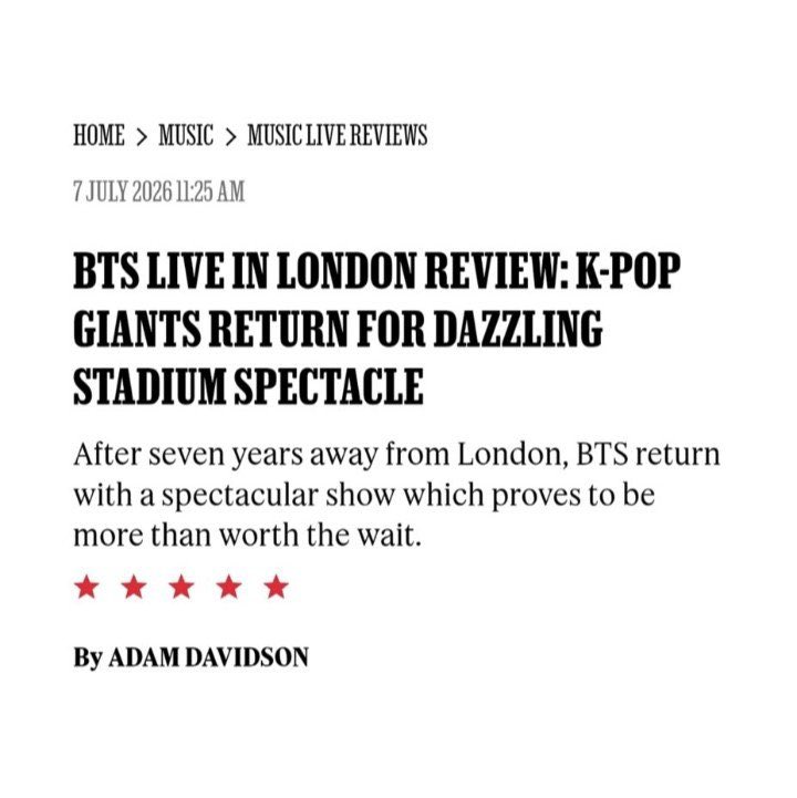 btschartsxdaily's tweet photo. [NEWS] Rolling Stone gives a perfect 5/5 rating to #BTS's “ARIRANG World Tour” concert in London! 🇬🇧

"The South Korean group reclaimed their throne as the biggest band in the world in style." https://t.co/FOYxhpyKaL