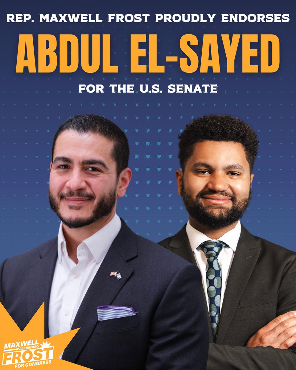 MaxwellFrostFL's tweet photo. I'm proud to endorse @AbdulElSayed for the US Senate. We must guarantee healthcare to all Americans. He will fight to get money out of politics, put money back in your pocket, and pass Medicare for All. Abdul can &amp; will flip this seat. I’ll do all that I can to help him win. https://t.co/K9nB0mlpNW
